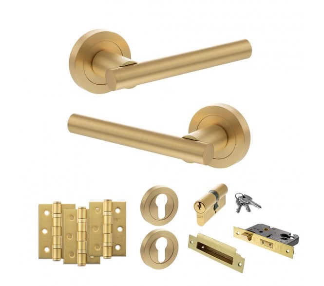 STATUS Nebraska Door Handle Euro Profile Lock Pack (3 Ball Bearing Hinges x3) - Satin Brass