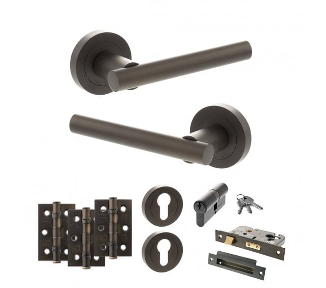 STATUS Nebraska Door Handle Euro Profile Lock Pack (3 Ball Bearing Hinges x3) - Urban Dark Bronze