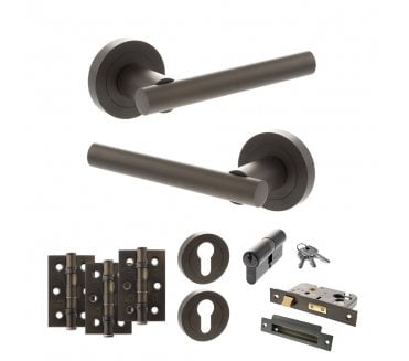 STATUS Nebraska Door Handle Euro Profile Lock Pack (3 Ball Bearing Hinges x3) - Urban Dark Bronze