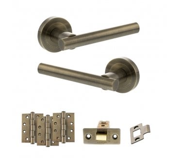 STATUS Nebraska Door Handle Latch Pack (4 Fire Rated Hinges x3) - Antique Brass