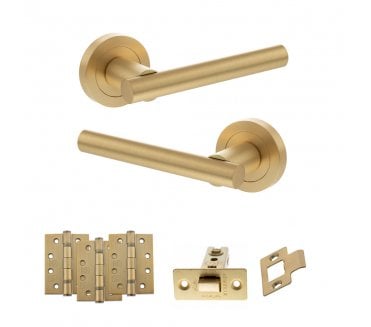 STATUS Nebraska Door Handle Latch Pack (4 Fire Rated Hinges x3) - Satin Brass