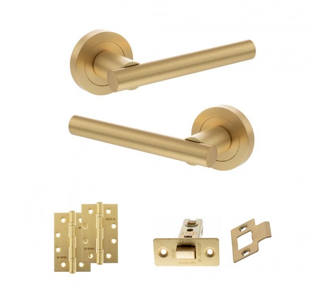 STATUS Nebraska Door Handle Latch Pack (4 Slim Knuckle Hinges x2) - Satin Brass