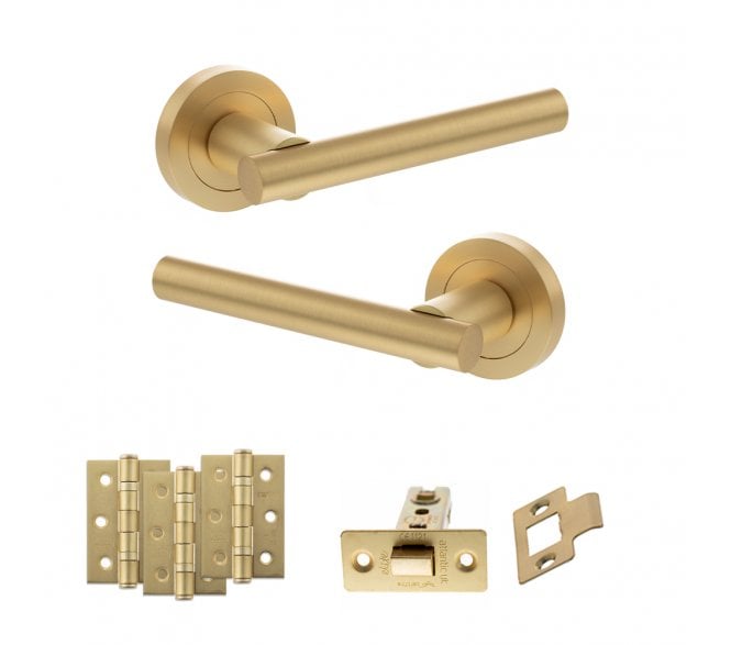 STATUS Nebraska Door Handle Latch Pack (3 Ball Bearing Hinges x3) - Satin Brass