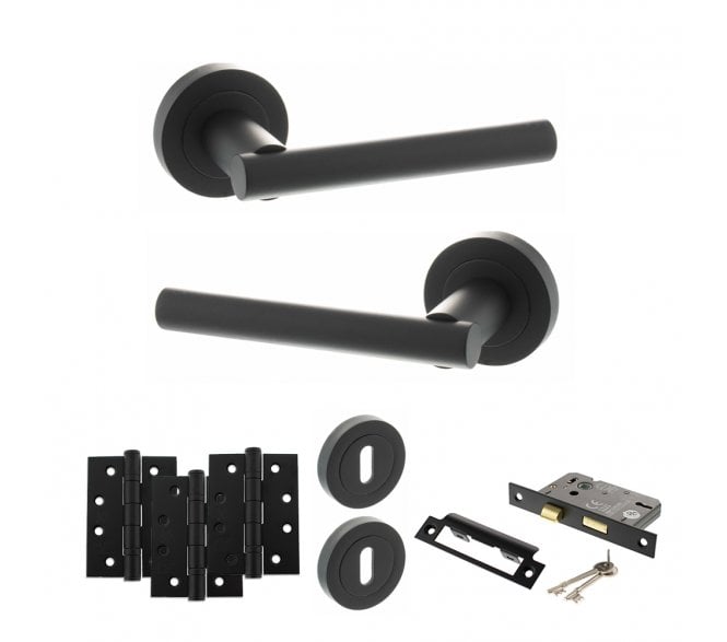 STATUS Nebraska Door Handle Lock Pack (4 Fire Rated Hinges x3) - Matt Black