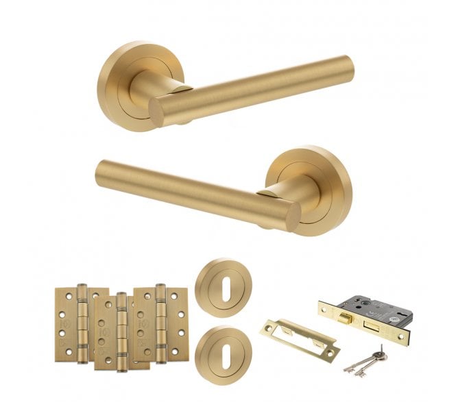 STATUS Nebraska Door Handle Lock Pack (4 Fire Rated Hinges x3) - Satin Brass