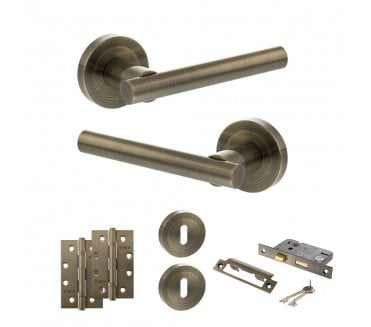 STATUS Nebraska Door Handle Lock Pack (4 Slim Knuckle Hinges x2) - Antique Brass