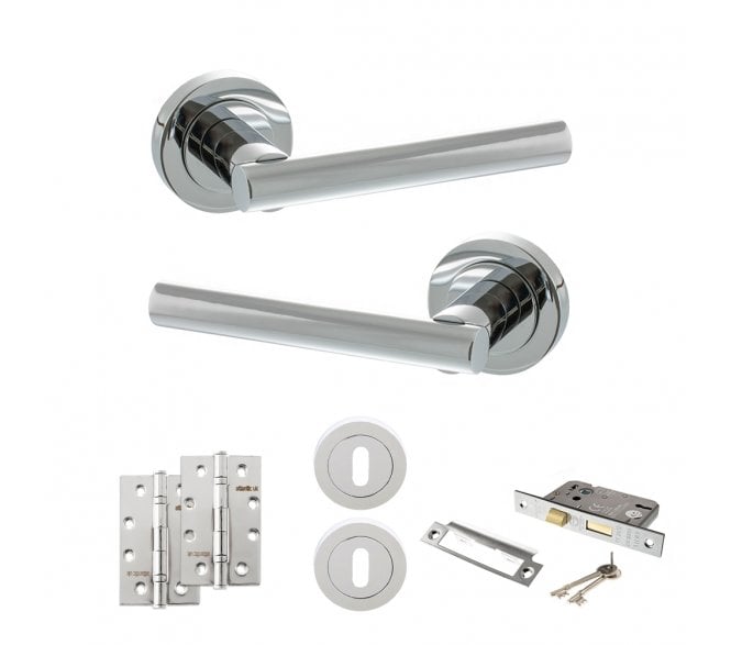 STATUS Nebraska Door Handle Lock Pack (4 Slim Knuckle Hinges x2) - Polished Chrome