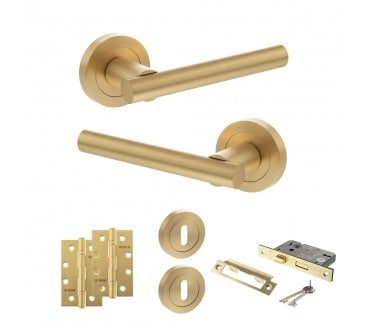 STATUS Nebraska Door Handle Lock Pack (4 Slim Knuckle Hinges x2) - Satin Brass