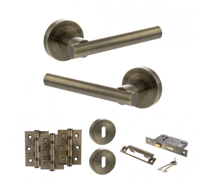 STATUS Nebraska Door Handle Lock Pack (3 Ball Bearing Hinges x3) - Antique Brass