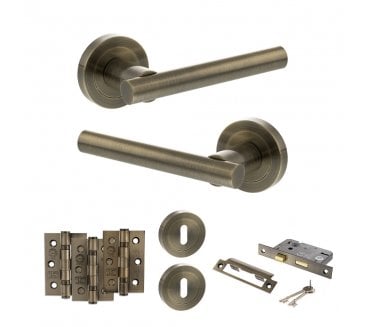 STATUS Nebraska Door Handle Lock Pack (3 Ball Bearing Hinges x3) - Antique Brass