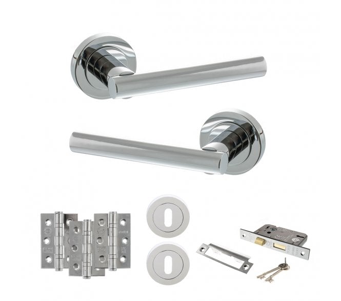 STATUS Nebraska Door Handle Lock Pack (3 Ball Bearing Hinges x3) - Polished Chrome