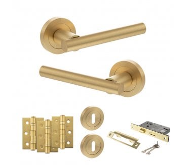 STATUS Nebraska Door Handle Lock Pack (3 Ball Bearing Hinges x3) - Satin Brass