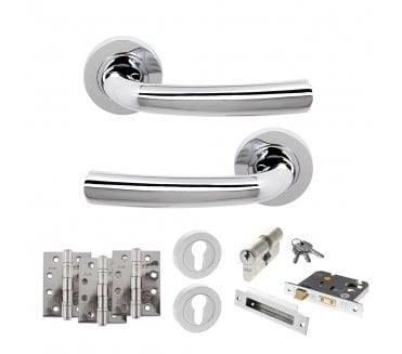 STATUS Nevada Door Handle Euro Profile Lock Pack (4 Fire Rated Hinges x3) - Polished Chrome