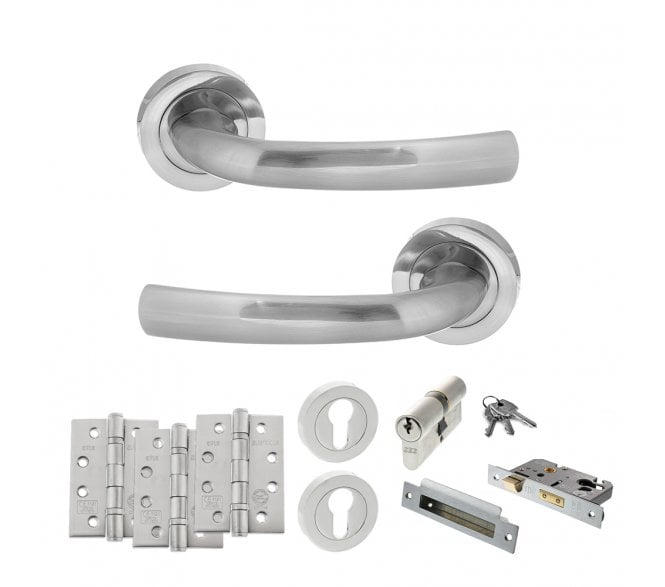 STATUS Nevada Door Handle Euro Profile Lock Pack (4 Fire Rated Hinges x3) - Satin Chrome