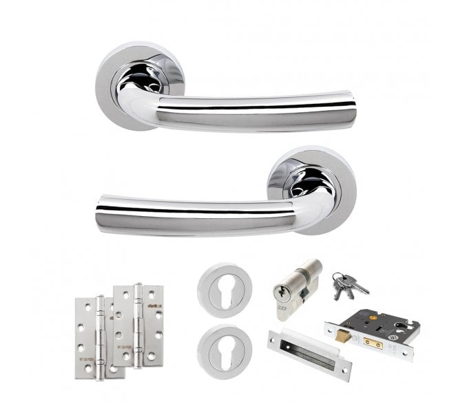 STATUS Nevada Door Handle Euro Profile Lock Pack (4 Slim Knuckle Hinges x2) - Polished Chrome