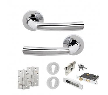 STATUS Nevada Door Handle Euro Profile Lock Pack (4 Slim Knuckle Hinges x2) - Polished Chrome