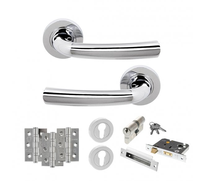 STATUS Nevada Door Handle Euro Profile Lock Pack (3 Ball Bearing Hinges x3) - Polished Chrome
