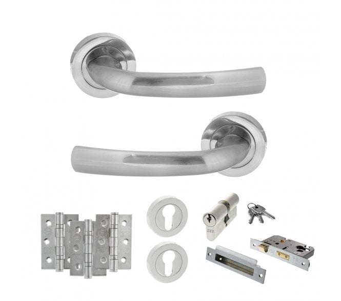 STATUS Nevada Door Handle Euro Profile Lock Pack (3 Ball Bearing Hinges x3) - Satin Chrome