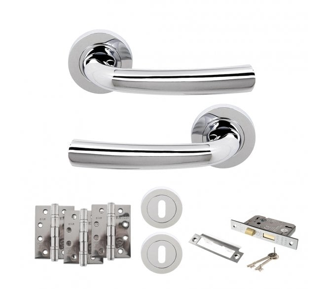 STATUS Nevada Door Handle Lock Pack (4 Fire Rated Hinges x3) - Polished Chrome