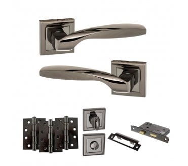 STATUS Oklahoma Door Handle  Bathroom Pack (4 Fire Rated Hinges x3) - Black Nickel