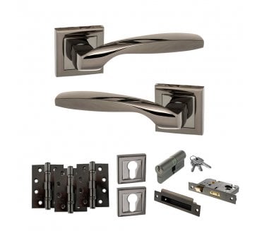 STATUS Oklahoma Door Handle Euro Profile Lock Pack (4 Fire Rated Hinges x3) - Black Nickel