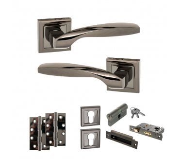 STATUS Oklahoma Door Handle Euro Profile Lock Pack (4 Slim Knuckle Hinges x2) - Black Nickel