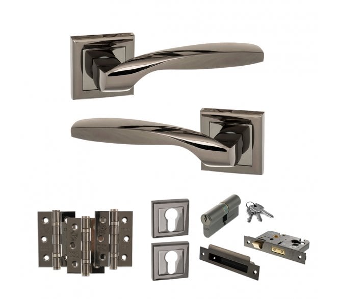 STATUS Oklahoma Door Handle Euro Profile Lock Pack (3 Ball Bearing Hinges x3) - Black Nickel