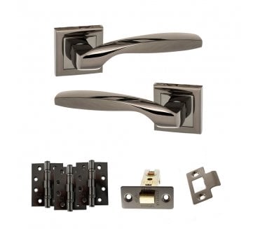 STATUS Oklahoma Door Handle Latch Pack (4 Fire Rated Hinges x3) - Black Nickel