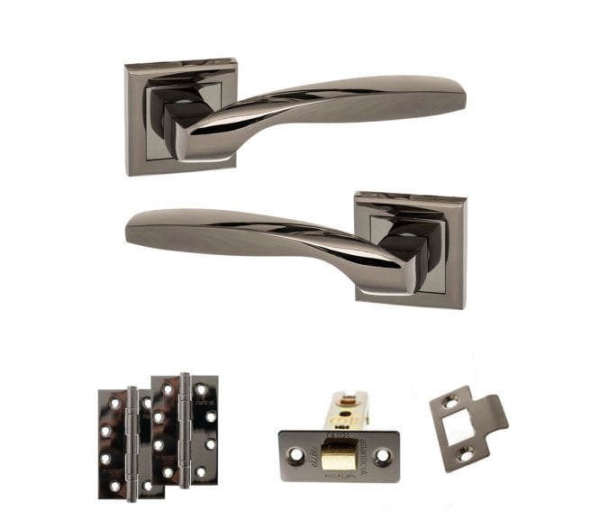 STATUS Oklahoma Door Handle Latch Pack (4 Fire Slim Knuckle Hinges x2) - Black Nickel