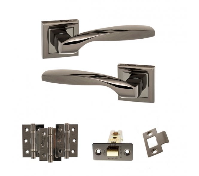 STATUS Oklahoma Door Handle Latch Pack (3 Ball Bearing Hinges x3) - Black Nickel