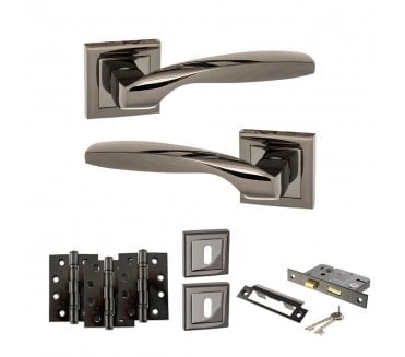 STATUS Oklahoma Door Handle Lock Pack (4 Fire Rated Hinges x3) - Black Nickel