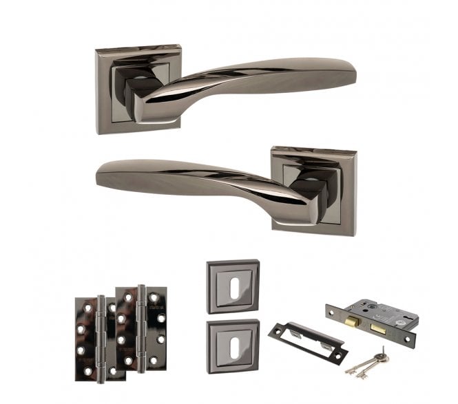 STATUS Oklahoma Door Handle Lock Pack (4 Slim Knuckle Hinges x2) - Black Nickel