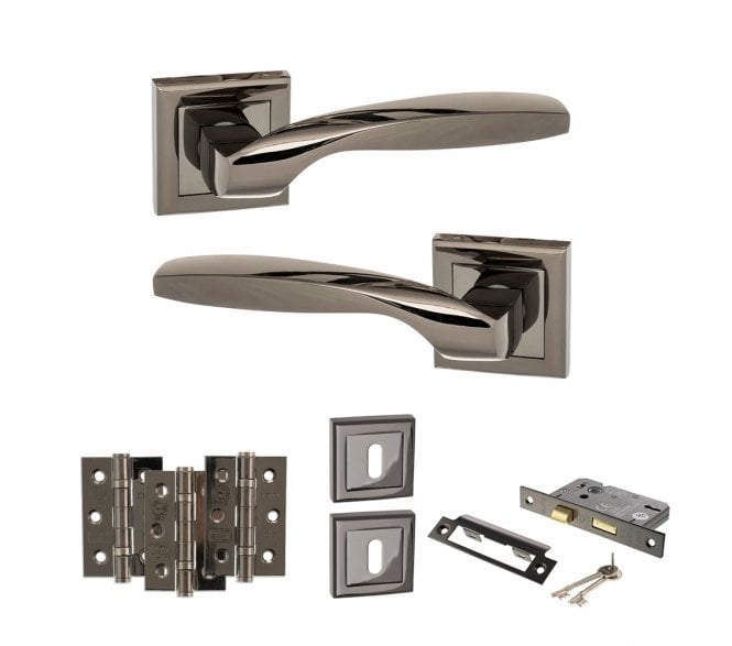 STATUS Oklahoma Door Handle Lock Pack (3 Ball Bearing Hinges x3) - Black Nickel