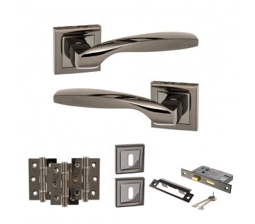 STATUS Oklahoma Door Handle Lock Pack (3 Ball Bearing Hinges x3) - Black Nickel