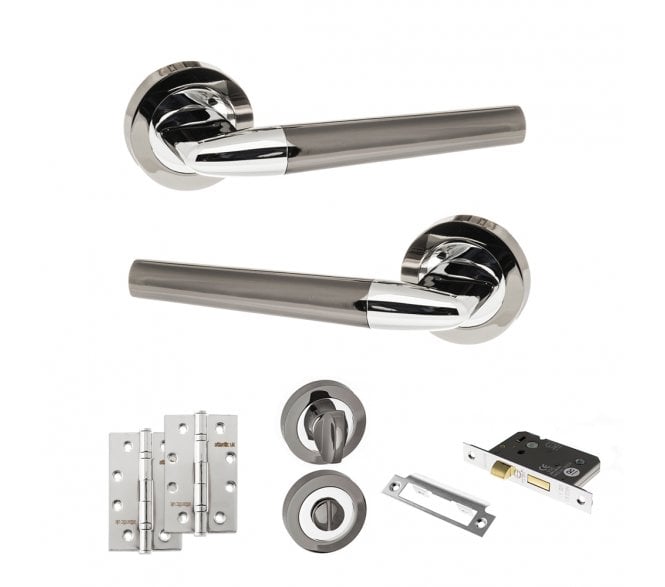 STATUS Tennessee Door Handle Bathroom Pack (4 Slim Knuckle Hinges x2) - Black Nickel/Polished Chrome