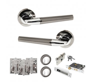 STATUS Tennessee Door Handle Euro Profile Lock Pack (4 Fire Rated Hinges x3) - Black Nickel/Polished Chrome