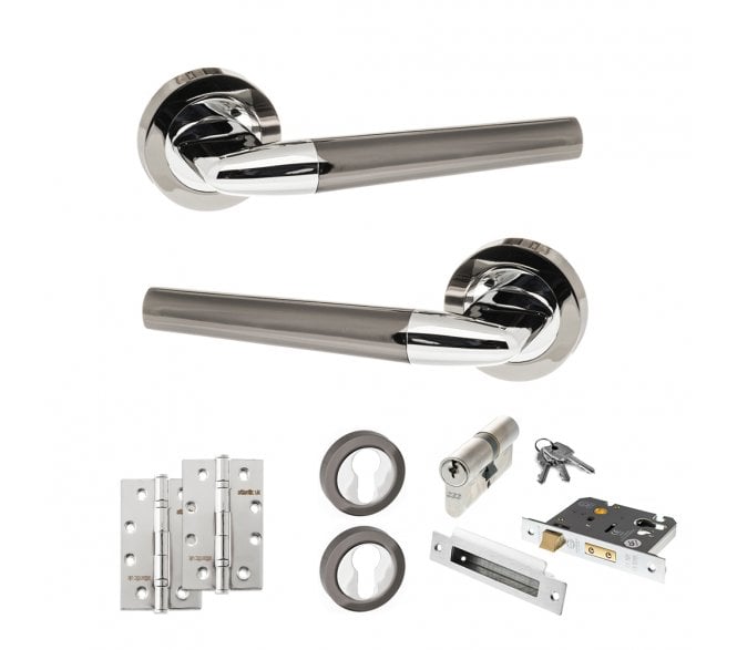 STATUS Tennessee Door Handle Euro Profile Lock Pack (4 Slim Knuckle Hinges x2) - Black Nickel/Polished Chrome