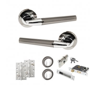 STATUS Tennessee Door Handle Euro Profile Lock Pack (4 Slim Knuckle Hinges x2) - Black Nickel/Polished Chrome