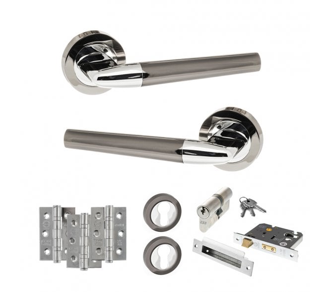 STATUS Tennessee Door Handle Euro Profile Lock Pack (3 Ball Bearing Hinges x3) - Black Nickel/Polished Chrome