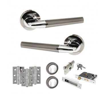 STATUS Tennessee Door Handle Euro Profile Lock Pack (3 Ball Bearing Hinges x3) - Black Nickel/Polished Chrome