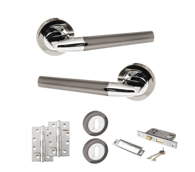 STATUS Tennessee Door Handle Lock Pack (4 Slim Knuckle Hinges x2) - Black Nickel/Polished Chrome