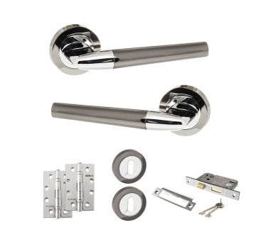 STATUS Tennessee Door Handle Lock Pack (4 Slim Knuckle Hinges x2) - Black Nickel/Polished Chrome