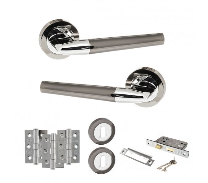 STATUS Tennessee Door Handle Lock Pack (3 Ball Bearing Hinges x3) - Black Nickel/Polished Chrome