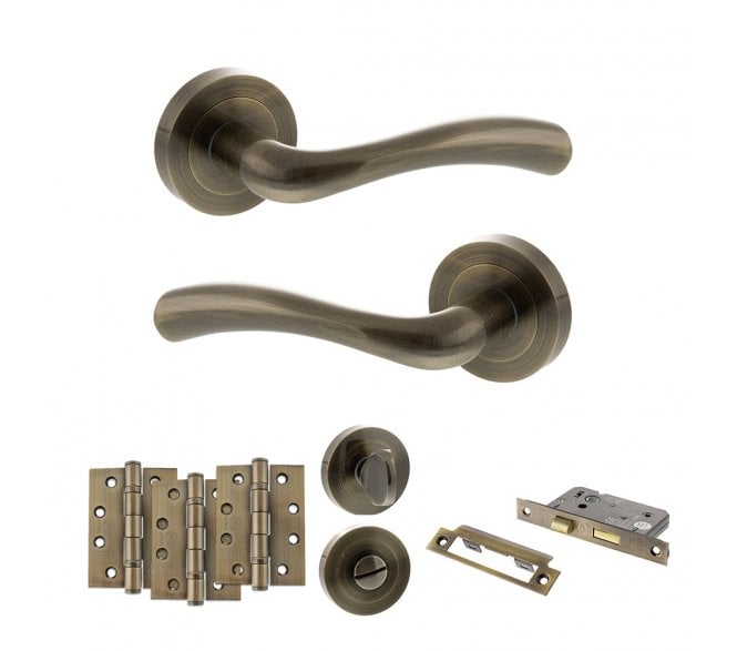 STATUS Texas Door Handle Bathroom Pack (4 Fire Rated Hinges x3) - Antique Brass