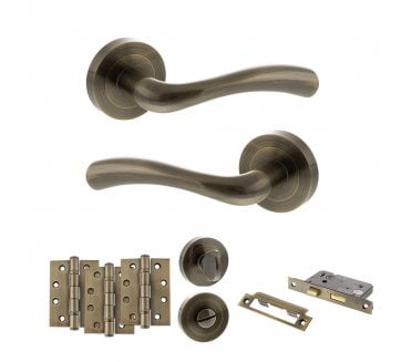 STATUS Texas Door Handle Bathroom Pack (4 Fire Rated Hinges x3) - Antique Brass