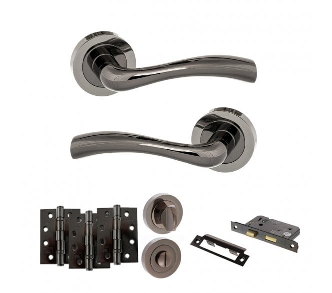 STATUS Texas Door Handle Bathroom Pack (4 Fire Rated Hinges x3) - Black Nickel