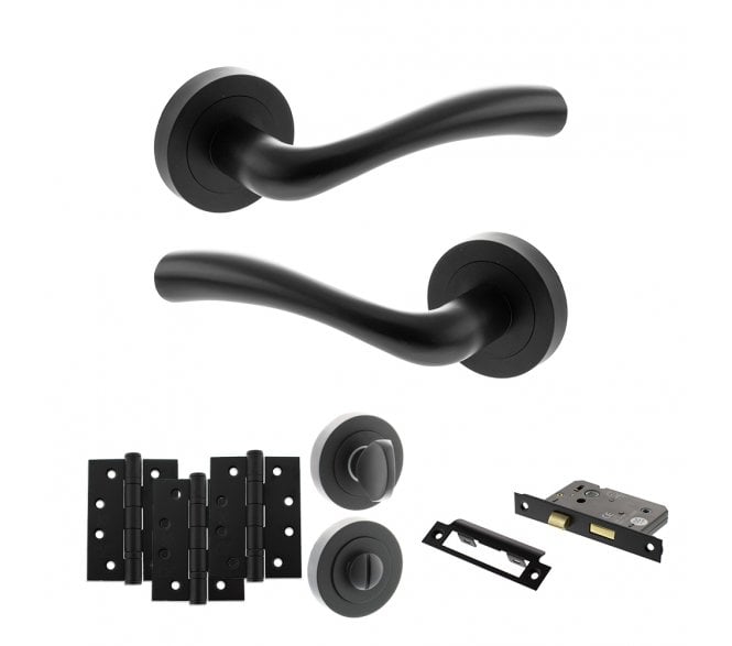 STATUS Texas Door Handle Bathroom Pack (4 Fire Rated Hinges x3) - Matt Black