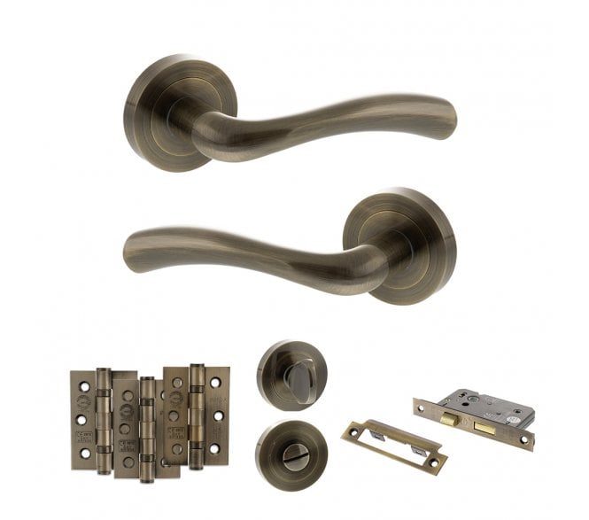 STATUS Texas Door Handle Bathroom Pack (3 Ball Bearing Hinges x3) - Antique Brass