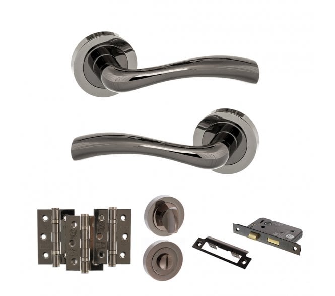 STATUS Texas Door Handle Bathroom Pack (3 Ball Bearing Hinges x3) - Black Nickel