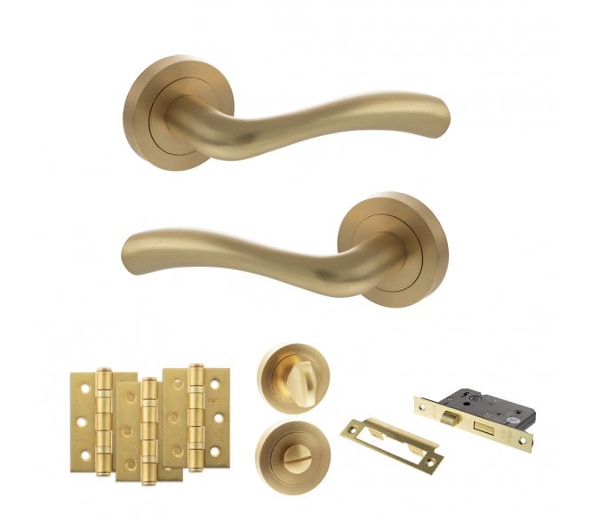 STATUS Texas Door Handle Bathroom Pack (3 Ball Bearing Hinges x3) - Satin Brass